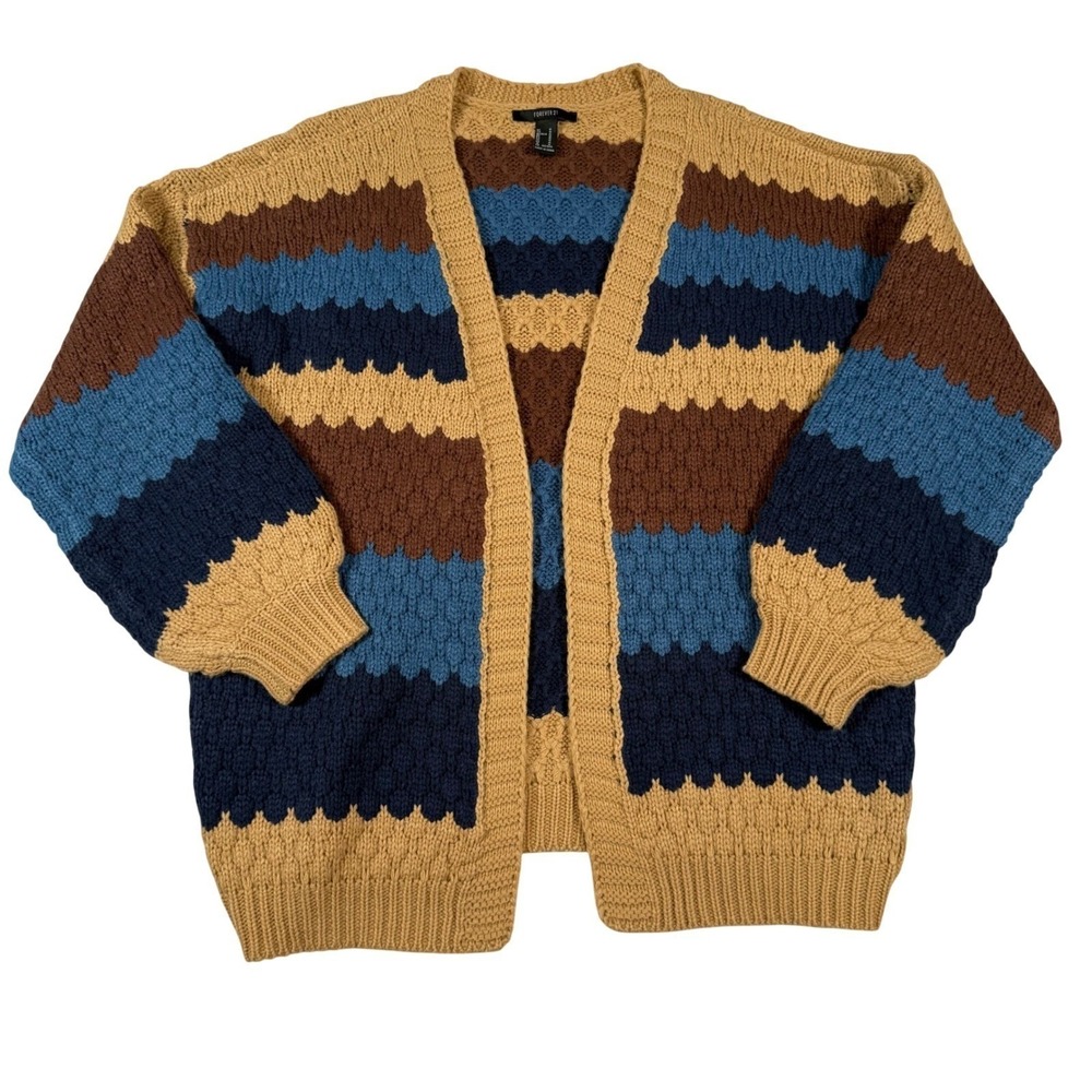 Forever 21 Striped Chunky Grandma Core Knit Cardigan Sweater Multicolor Medium